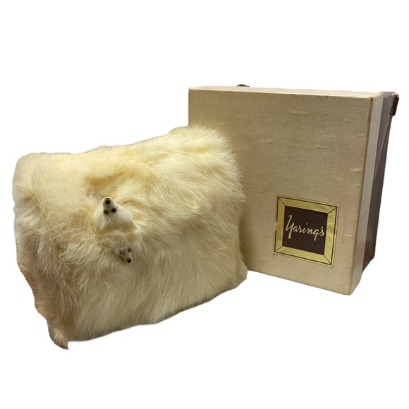 Vintage 1950s White Rabbit Fur Child or Small Woman Hand Muff Fox Head RareW/Box